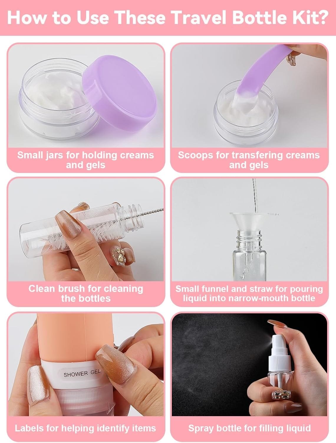 EBANKU Juego de 20 botellas de viaje para artículos de tocador aprobado por la TSA, acondicionador de tamaño de viaje, accesorios de viaje exprimibles de silicona a prueba de fugas, rellenables para - Imagen 4