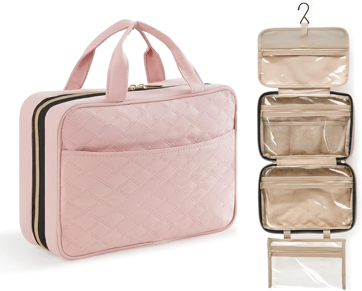 Lifewit Neceser de Viaje, Bolso de Maquillaje Grande, Organizador de Viaje para Mujer con Asas, Neceser de Viaje Interior Transparente con Gancho, Guarda Frascos, Accesorios, Mediano, Rosa - Imagen 2