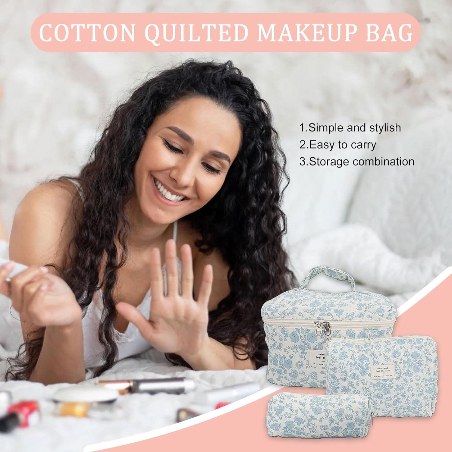 Yallmie Neceser de viaje de 3 piezas, bolsa de aseo floral, bolsa de maquillaje floral, bolsa de viaje para artículos de tocador, bolsas de aseo estéticas para mujeres, bolsas de viaje para artículos - Imagen 4