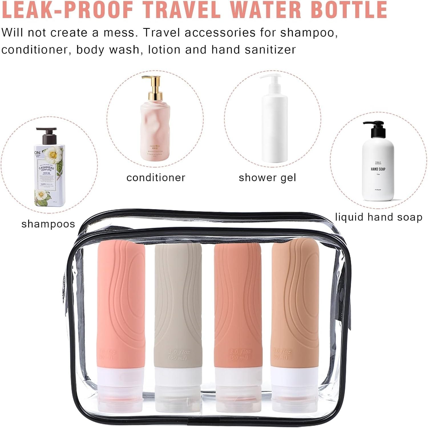 Paquete de 4 Botellas de Viaje para Artículos de Tocador Botellas de Viaje de Silicona Juego de Contenedores de Viaje Portátiles de 90 Ml Contenedores de Viaje Exprimibles a Prueba de Fugas (Rosa) - Imagen 4