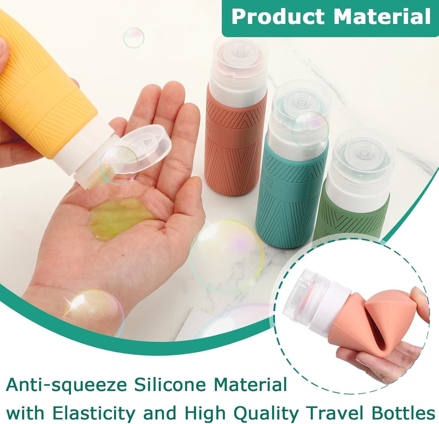QMAHA Botella de Viaje Silicona, 4 Piezas Botes Viaje Rellenables, Portátiles Botellas de Cosméticos a Prueba de Fugas, Botellas recargables para Artículos de Tocador Con PVC Bolsa (100mlX4) - Imagen 6