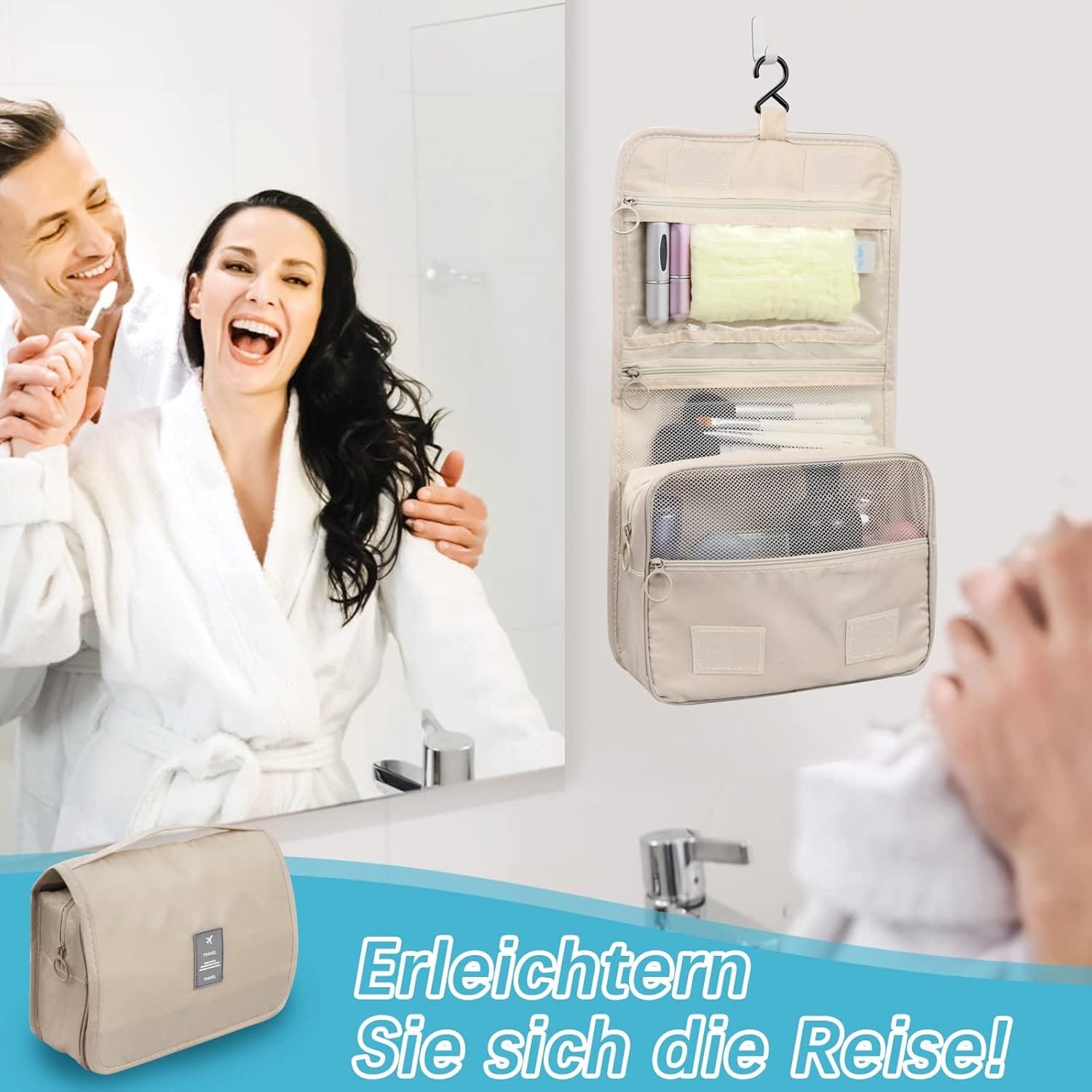Neceser para colgar, bolsa de aseo plegable, bolsa de aseo de viaje plegable con asa, bolsa de lavado para hombres y mujeres, beige, large, Neceser - Imagen 6