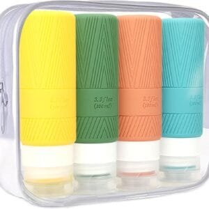 QMAHA Botella de Viaje Silicona, 4 Piezas Botes Viaje Rellenables, Portátiles Botellas de Cosméticos a Prueba de Fugas, Botellas recargables para Artículos de Tocador Con PVC Bolsa (100mlX4)