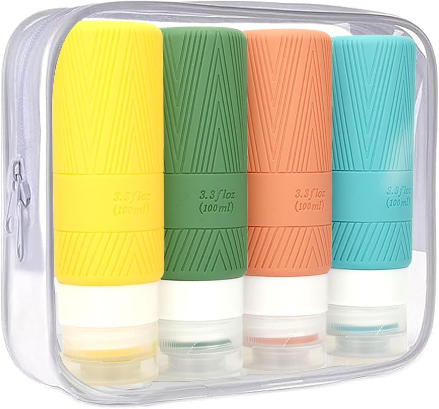 QMAHA Botella de Viaje Silicona, 4 Piezas Botes Viaje Rellenables, Portátiles Botellas de Cosméticos a Prueba de Fugas, Botellas recargables para Artículos de Tocador Con PVC Bolsa (100mlX4)