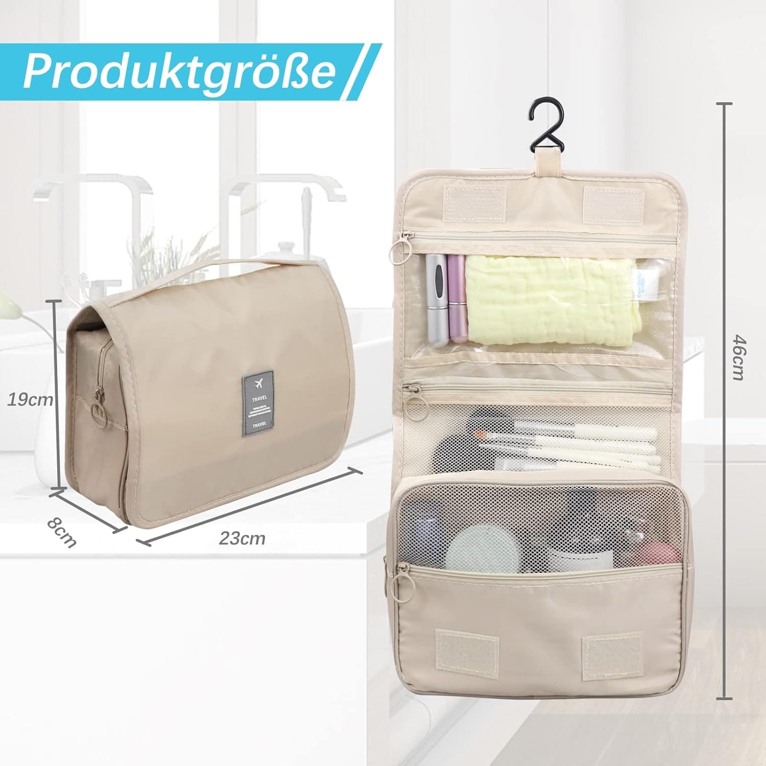 Neceser para colgar, bolsa de aseo plegable, bolsa de aseo de viaje plegable con asa, bolsa de lavado para hombres y mujeres, beige, large, Neceser - Imagen 2