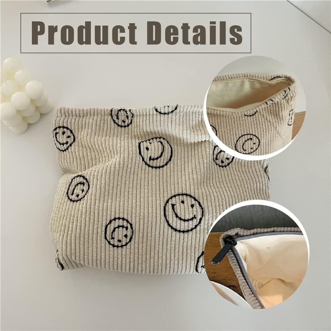 LEEQ Bolsa de maquillaje para artículos de tocador de viaje,White, bolsa de pana con impresión de sonrisa,bolsa organizadora de maquillaje, mini bolsa de cosméticos para mujeres y niñas - Imagen 3