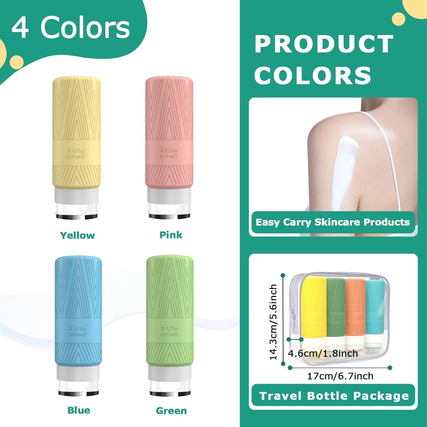 QMAHA Botella de Viaje Silicona, 4 Piezas Botes Viaje Rellenables, Portátiles Botellas de Cosméticos a Prueba de Fugas, Botellas recargables para Artículos de Tocador Con PVC Bolsa (100mlX4) - Imagen 5