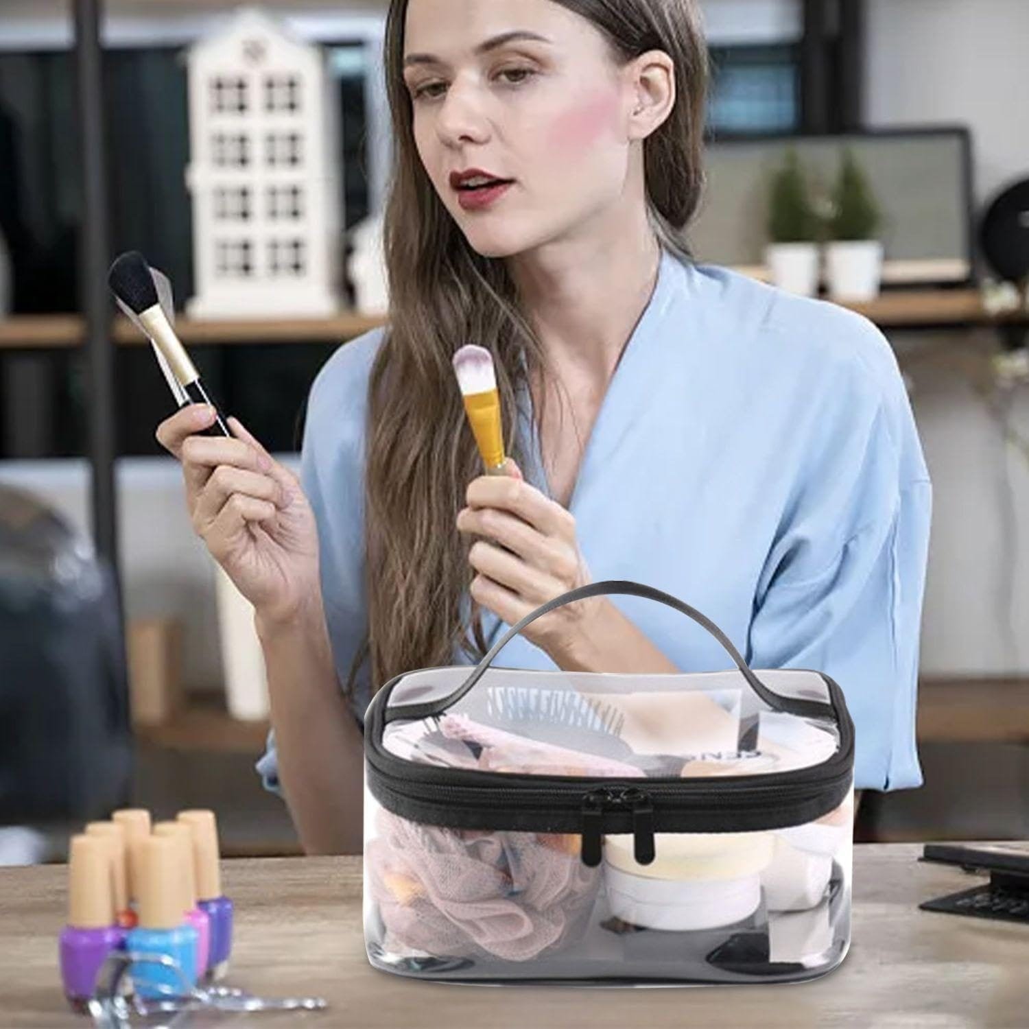 1 bolsa de aseo de viaje transparente, 1 bolsa de almacenamiento esmerilada, bolsa de cosméticos transparente, bolsa de cosméticos de viaje, bolsa de almacenamiento de artículos, Bolsa transparente - Imagen 6