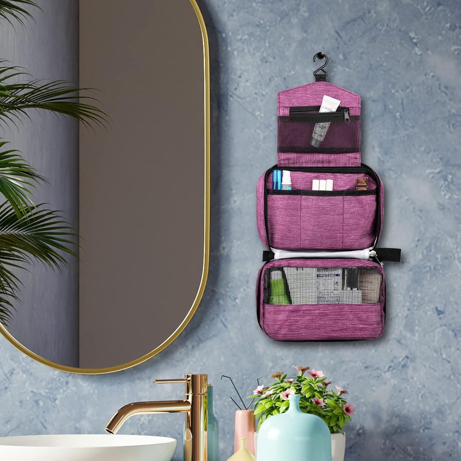 Larkumio Neceser Hombre Mujer, Neceser Maquillaje Bolsa de Aseo Makeup Bag Grande Colgante Impermeable, 1 Neceser Viaje + Bolsa con Cordón, Violeta - Imagen 6