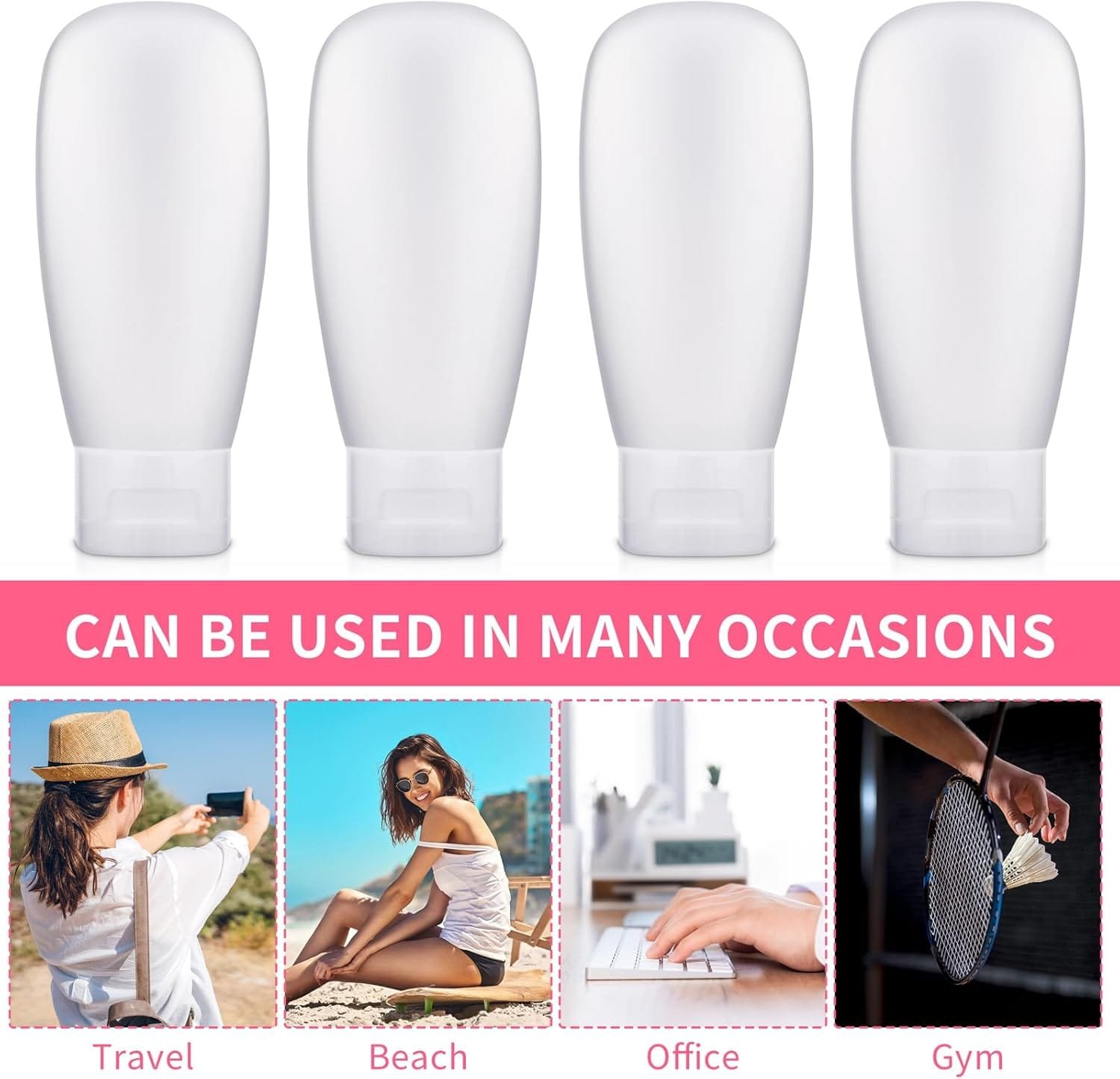 Thinp 4 Pcs Botellas de Viaje Botellas para Rellenar Artículos de Baño Set de Botellas Cosméticas Pequeñas Botellas de Plástico Contenedor de Viaje, para Champú Gel de Ducha Loción Gadgets - Imagen 6