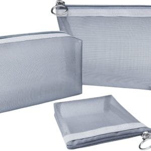 Aosbos 3 Piezas Neceser Mujer de Malla, Neceser Maquillaje Transparente para Viaje, Malla Bolsa de Aseo para Hombre, Bolsa de Artículos de Tocador, Bolsa de Cosméticos con Cremallera para Playa, Gris