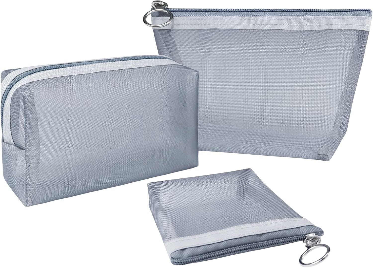 Aosbos 3 Piezas Neceser Mujer de Malla, Neceser Maquillaje Transparente para Viaje, Malla Bolsa de Aseo para Hombre, Bolsa de Artículos de Tocador, Bolsa de Cosméticos con Cremallera para Playa, Gris