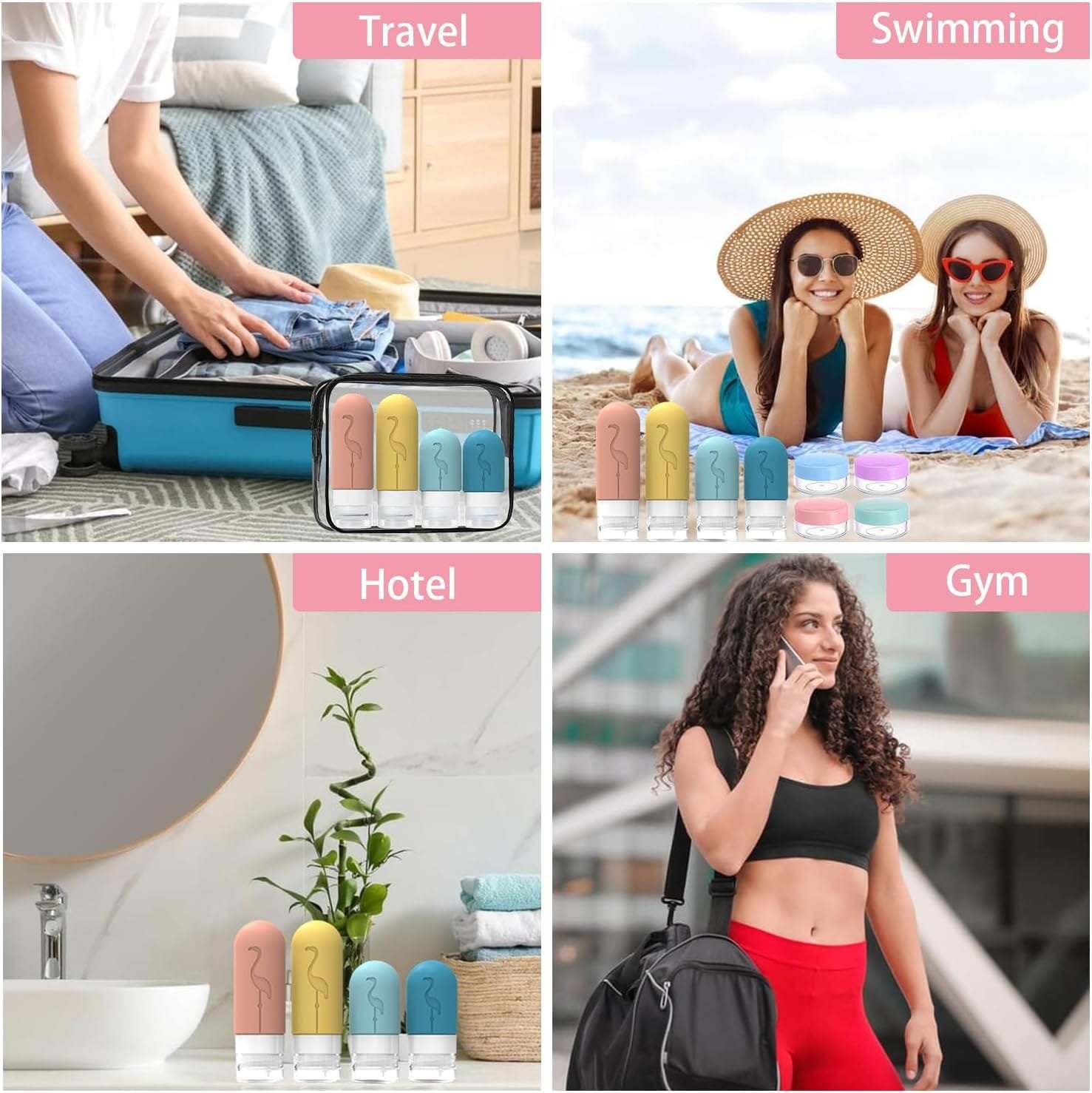 Luckynono - Botellas de viaje para artículos de tocador, a prueba de fugas, rellenables, de silicona, accesorios de viaje para champú, acondicionador, loción, gel de baño, paquete de 17 - Imagen 7