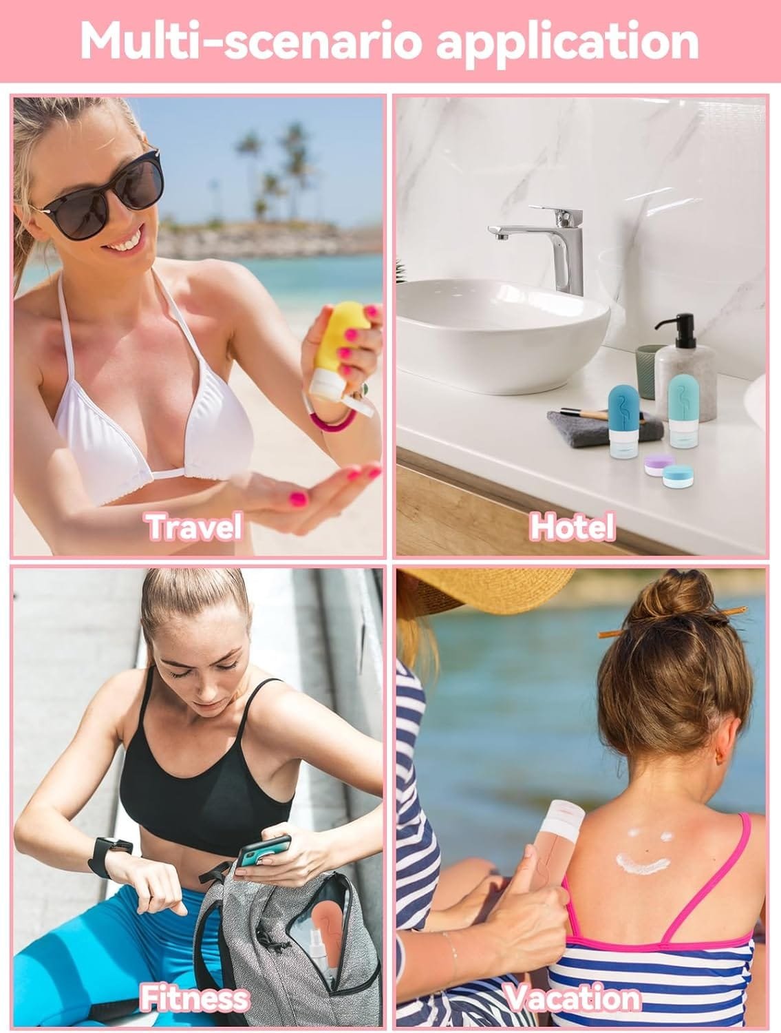 EBANKU Juego de 20 botellas de viaje para artículos de tocador aprobado por la TSA, acondicionador de tamaño de viaje, accesorios de viaje exprimibles de silicona a prueba de fugas, rellenables para - Imagen 7