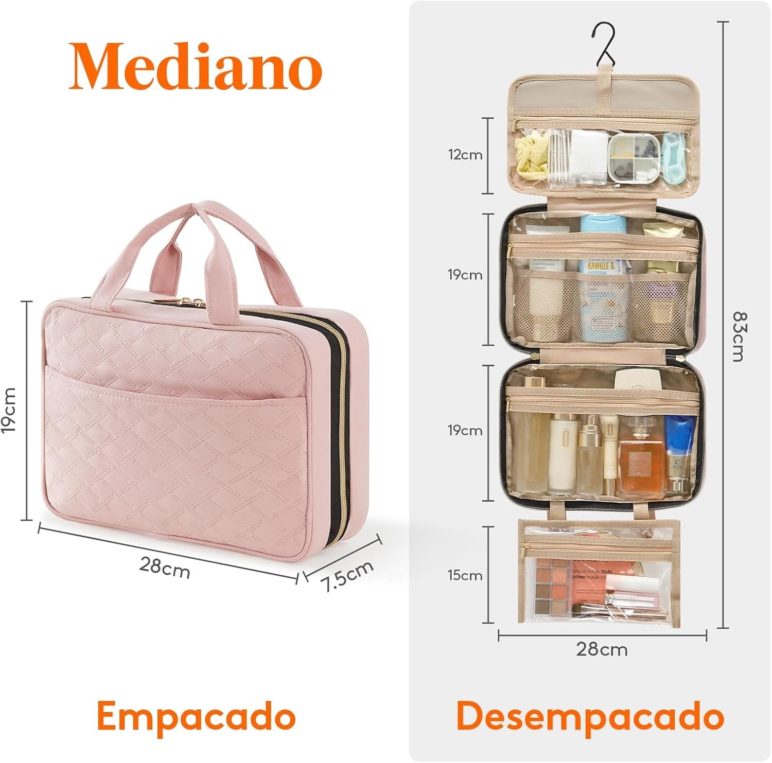 Lifewit Neceser de Viaje, Bolso de Maquillaje Grande, Organizador de Viaje para Mujer con Asas, Neceser de Viaje Interior Transparente con Gancho, Guarda Frascos, Accesorios, Mediano, Rosa - Imagen 3