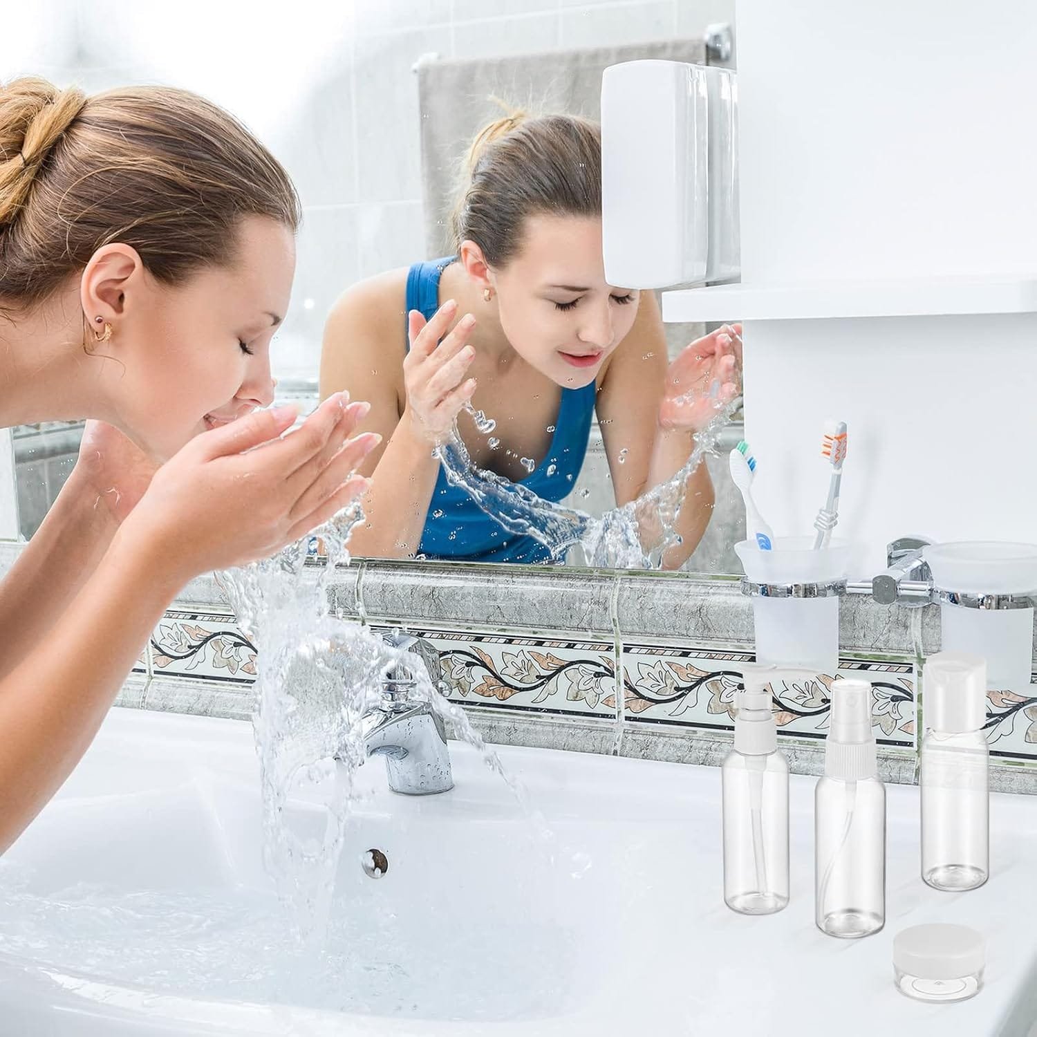 Juego de 9 botellas de viaje a prueba de fugas, rellenables, pequeñas botellas de plástico vacías para cosméticos y artículos de tocador de viaje - Imagen 5