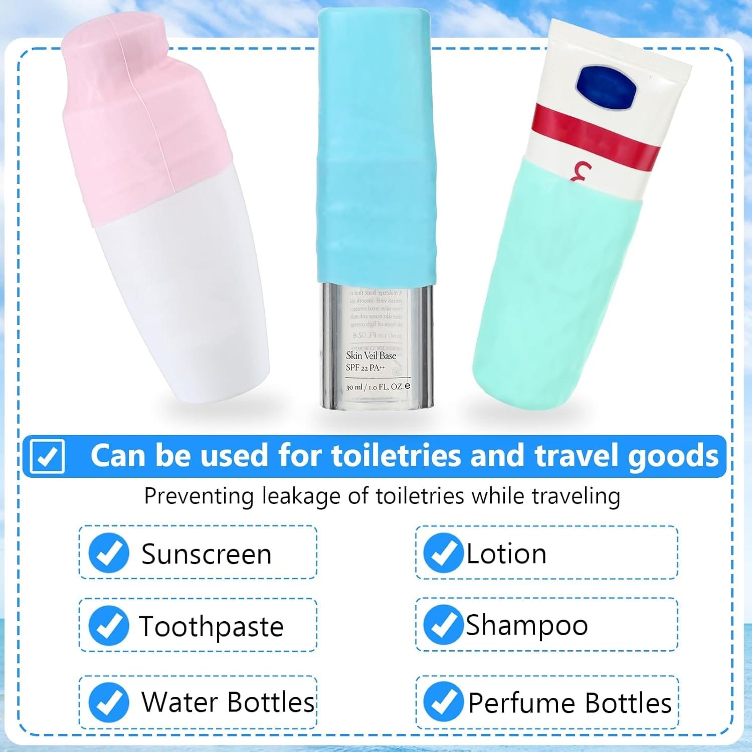 GEEHUA 12 fundas elásticas de silicona para botellas de viaje, a prueba de fugas, cierres de fugas, accesorios esenciales de viaje para artículos de tocador de tamaño de viaje, champú, acondicionador, - Imagen 6