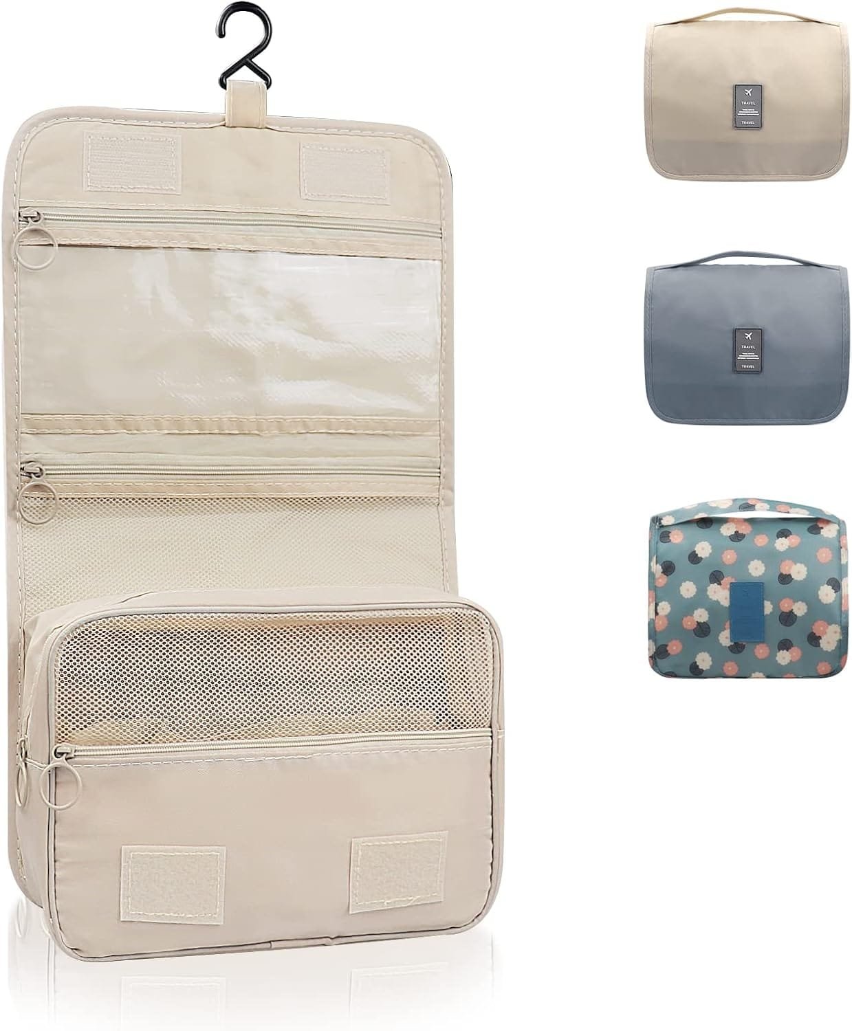 Neceser para colgar, bolsa de aseo plegable, bolsa de aseo de viaje plegable con asa, bolsa de lavado para hombres y mujeres, beige, large, Neceser