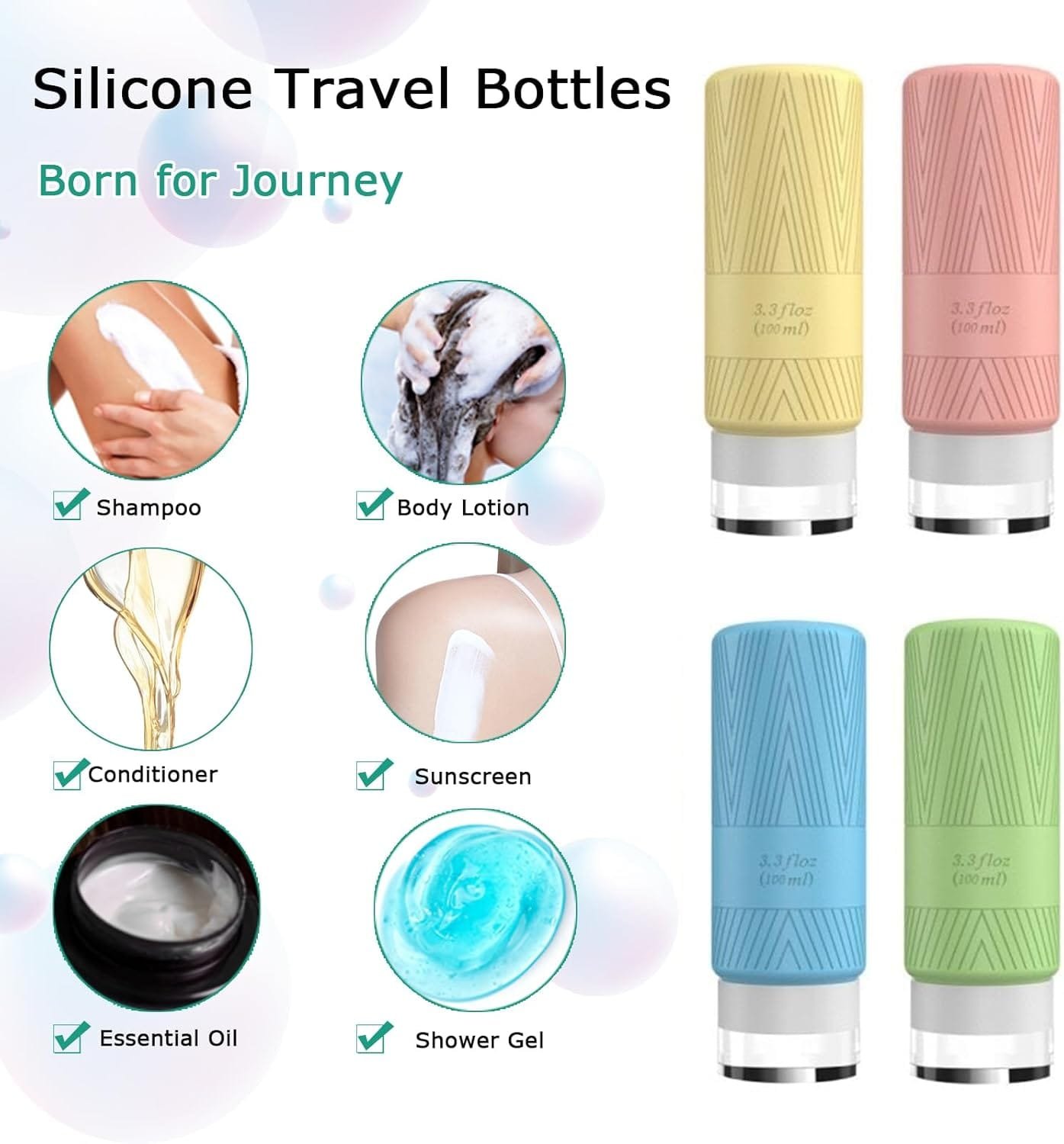 QMAHA Botella de Viaje Silicona, 4 Piezas Botes Viaje Rellenables, Portátiles Botellas de Cosméticos a Prueba de Fugas, Botellas recargables para Artículos de Tocador Con PVC Bolsa (100mlX4) - Imagen 4