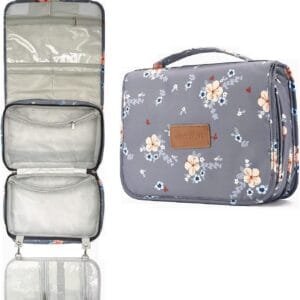 VEXTROFORT Neceser para mujer, bolsa de maquillaje grande para colgar, resistente al agua, para artículos de tocador, cosméticos, cepillos, flores azules, bolsa de maquillaje colgante de viaje