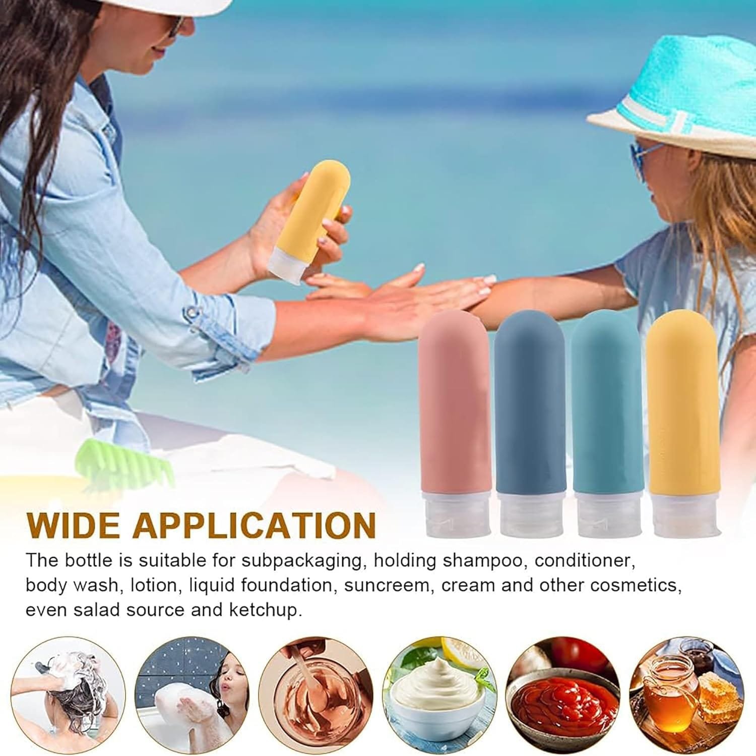 BRLYYO Botellas de silicona de viaje para artículos de aseo aprobados por la TSA Juego de envases de viaje de 4 unidades Champú, acondicionador de cabello, loción corporal, recargables - Imagen 7