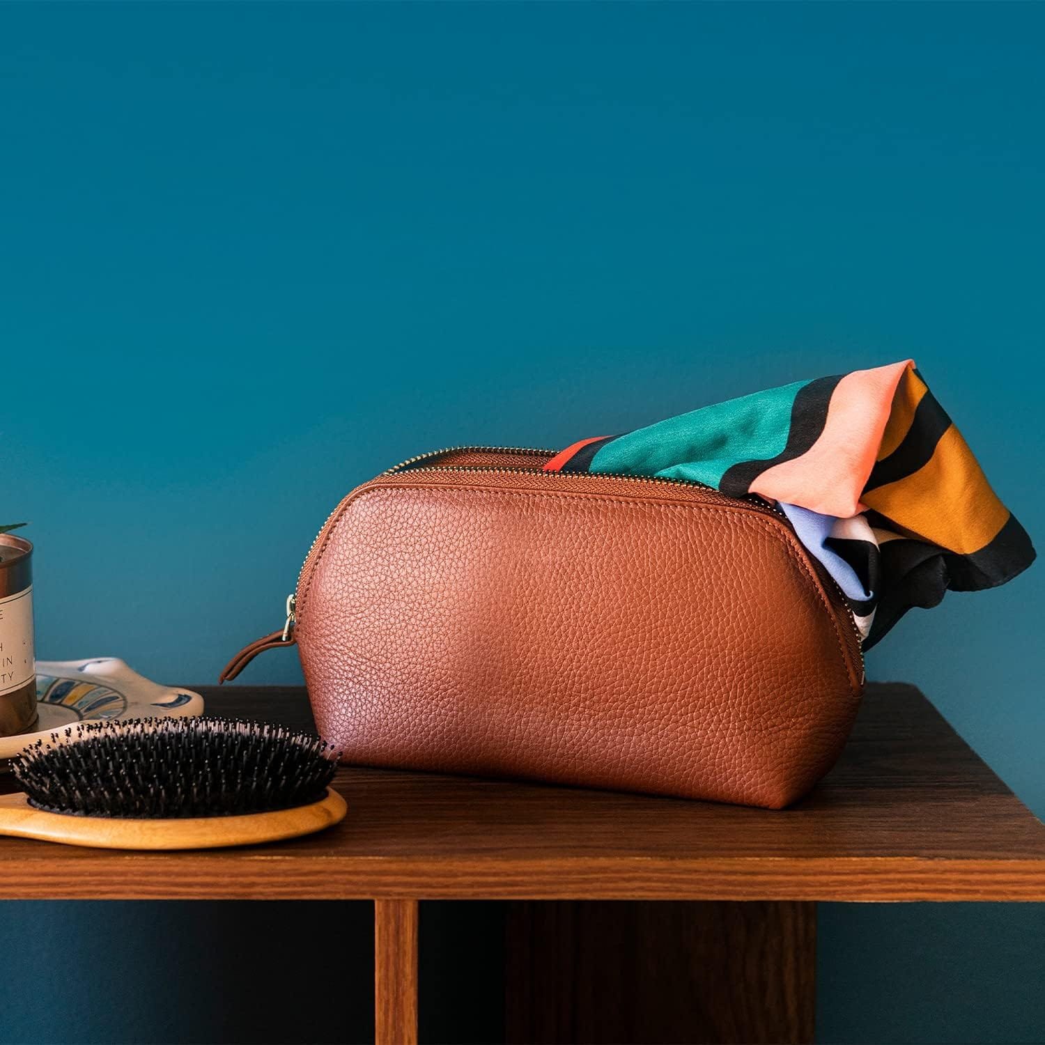 Londo Bolso de Cosméticos en Cuero Genuino para Maquillaje, Bolsa de Viaje Organizador de artículos de tocador Clutch, Unisex - Imagen 3