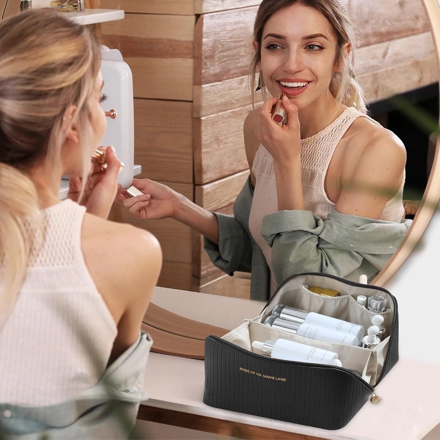 GeeRic Bolsa de Cosméticos de Viaje,Neceser de Maquillaje de Gran Capacidad, Portátil Neceser Neceser Viaje Mujer Multifuncional Organizador con Compartimentos de Maquillaje(Negro) - Imagen 5