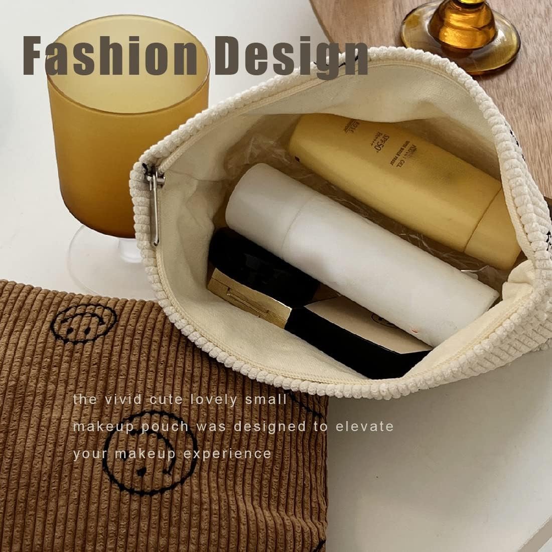 LEEQ Bolsa de maquillaje para artículos de tocador de viaje,White, bolsa de pana con impresión de sonrisa,bolsa organizadora de maquillaje, mini bolsa de cosméticos para mujeres y niñas - Imagen 4