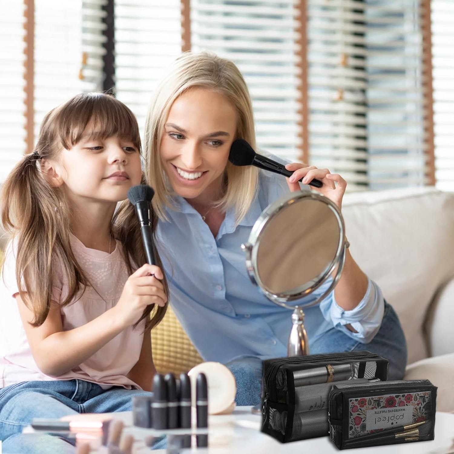 Colexy Juego de 3 Neceser de Maquillaje de Viaje, Malla Bolsa de Aseo Cosméticos, Portátiles Bolsa de Artículos de Tocador de Viaje con Cremallera para Mujer y Hombre (Transparente Negro) - Imagen 6