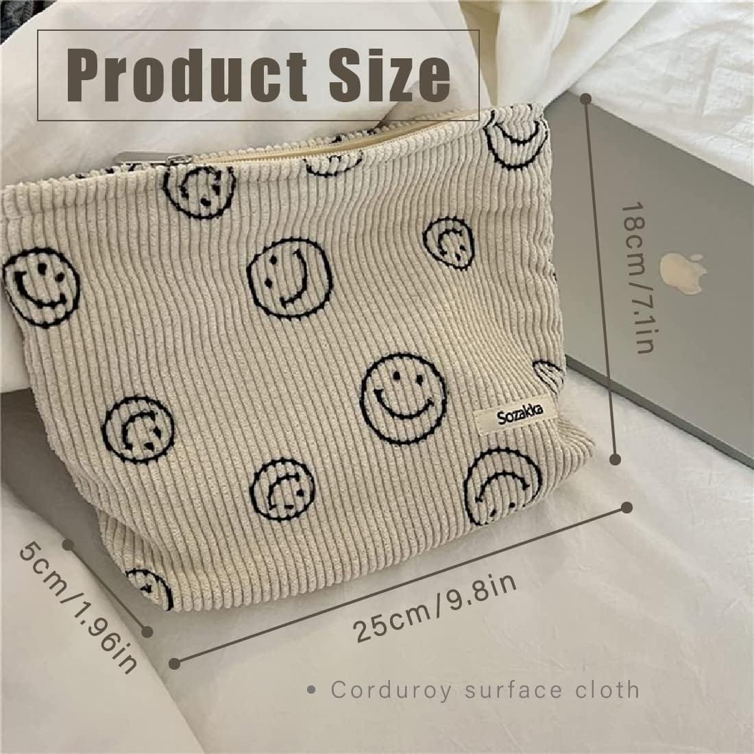LEEQ Bolsa de maquillaje para artículos de tocador de viaje,White, bolsa de pana con impresión de sonrisa,bolsa organizadora de maquillaje, mini bolsa de cosméticos para mujeres y niñas - Imagen 2