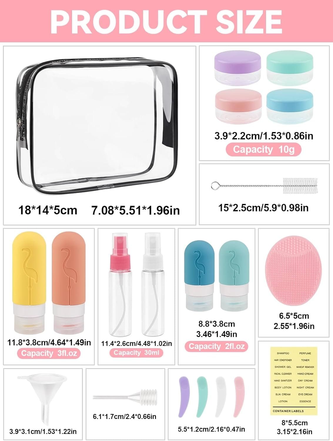 EBANKU Juego de 20 botellas de viaje para artículos de tocador aprobado por la TSA, acondicionador de tamaño de viaje, accesorios de viaje exprimibles de silicona a prueba de fugas, rellenables para - Imagen 2