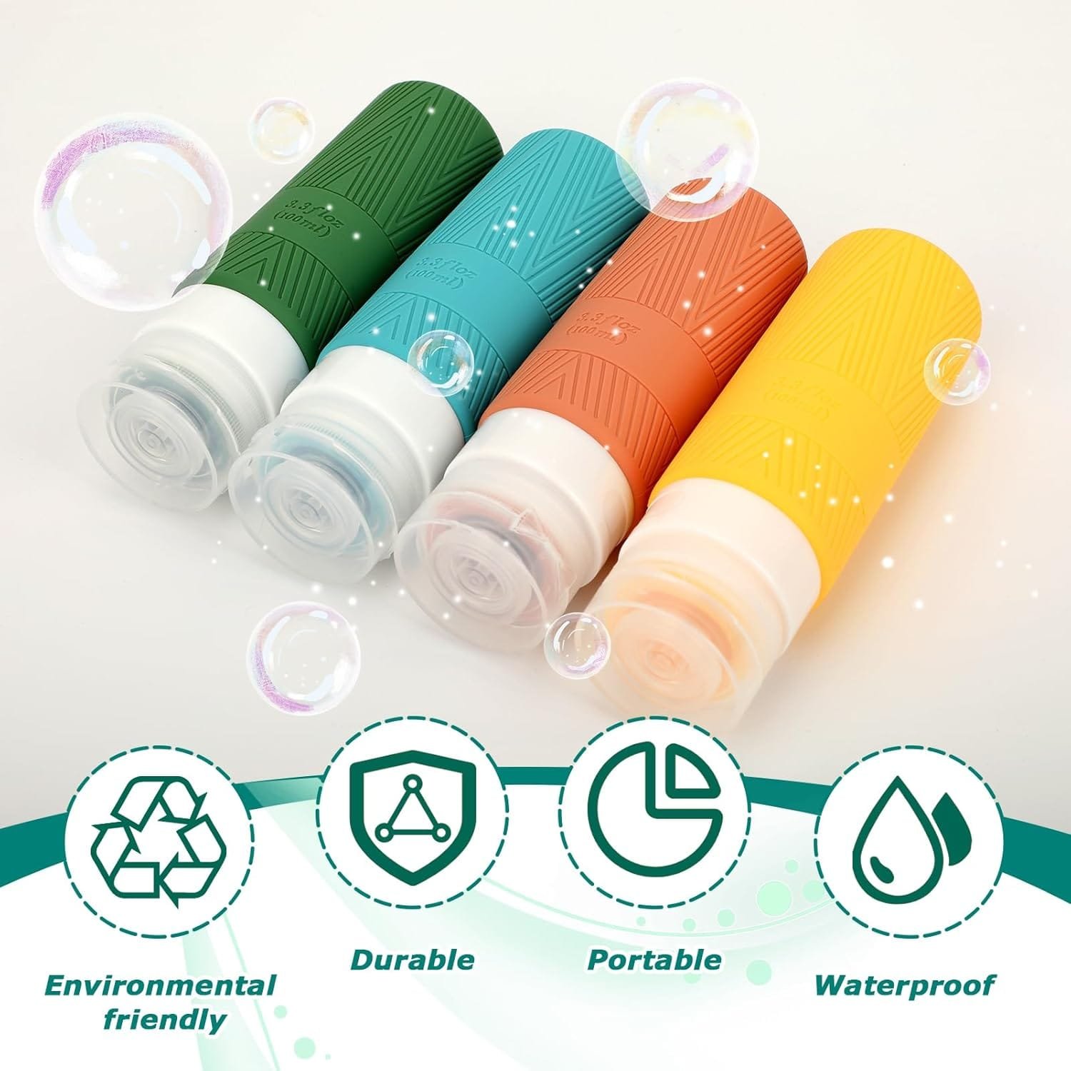 QMAHA Botella de Viaje Silicona, 4 Piezas Botes Viaje Rellenables, Portátiles Botellas de Cosméticos a Prueba de Fugas, Botellas recargables para Artículos de Tocador Con PVC Bolsa (100mlX4) - Imagen 3