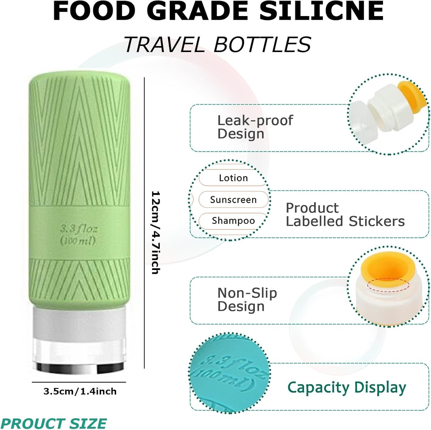 QMAHA Botella de Viaje Silicona, 4 Piezas Botes Viaje Rellenables, Portátiles Botellas de Cosméticos a Prueba de Fugas, Botellas recargables para Artículos de Tocador Con PVC Bolsa (100mlX4) - Imagen 2