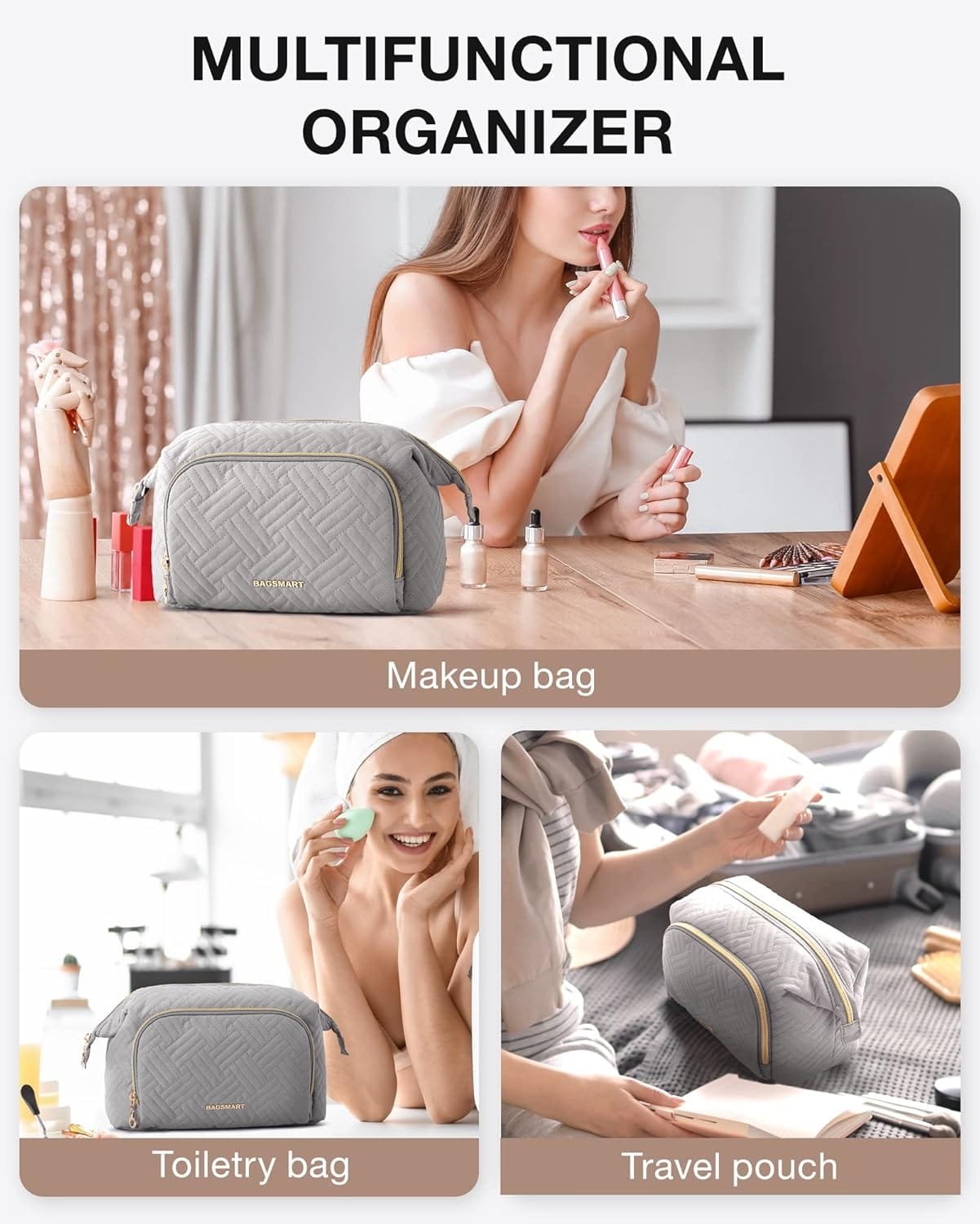 BAGSMART Bolsa de maquillaje de viaje, bolsa de cosméticos, organizador de maquillaje, bolsa grande de apertura ancha para mujer, monedero para artículos de tocador, accesorios, pinceles, gris - Imagen 4