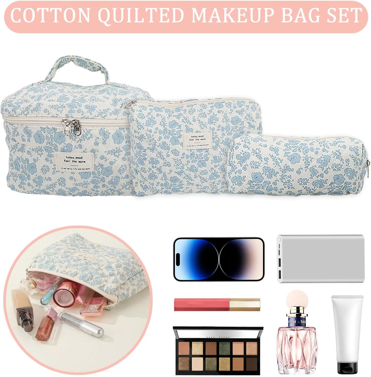 Yallmie Neceser de viaje de 3 piezas, bolsa de aseo floral, bolsa de maquillaje floral, bolsa de viaje para artículos de tocador, bolsas de aseo estéticas para mujeres, bolsas de viaje para artículos - Imagen 7