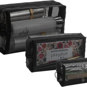 Colexy Juego de 3 Neceser de Maquillaje de Viaje, Malla Bolsa de Aseo Cosméticos, Portátiles Bolsa de Artículos de Tocador de Viaje con Cremallera para Mujer y Hombre (Transparente Negro)