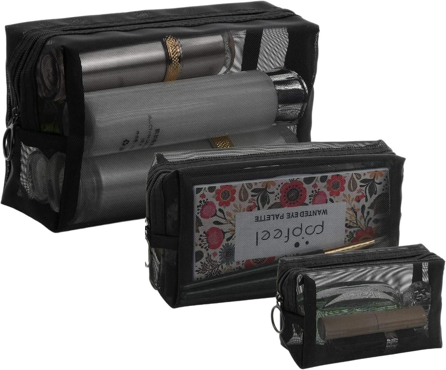Colexy Juego de 3 Neceser de Maquillaje de Viaje, Malla Bolsa de Aseo Cosméticos, Portátiles Bolsa de Artículos de Tocador de Viaje con Cremallera para Mujer y Hombre (Transparente Negro)