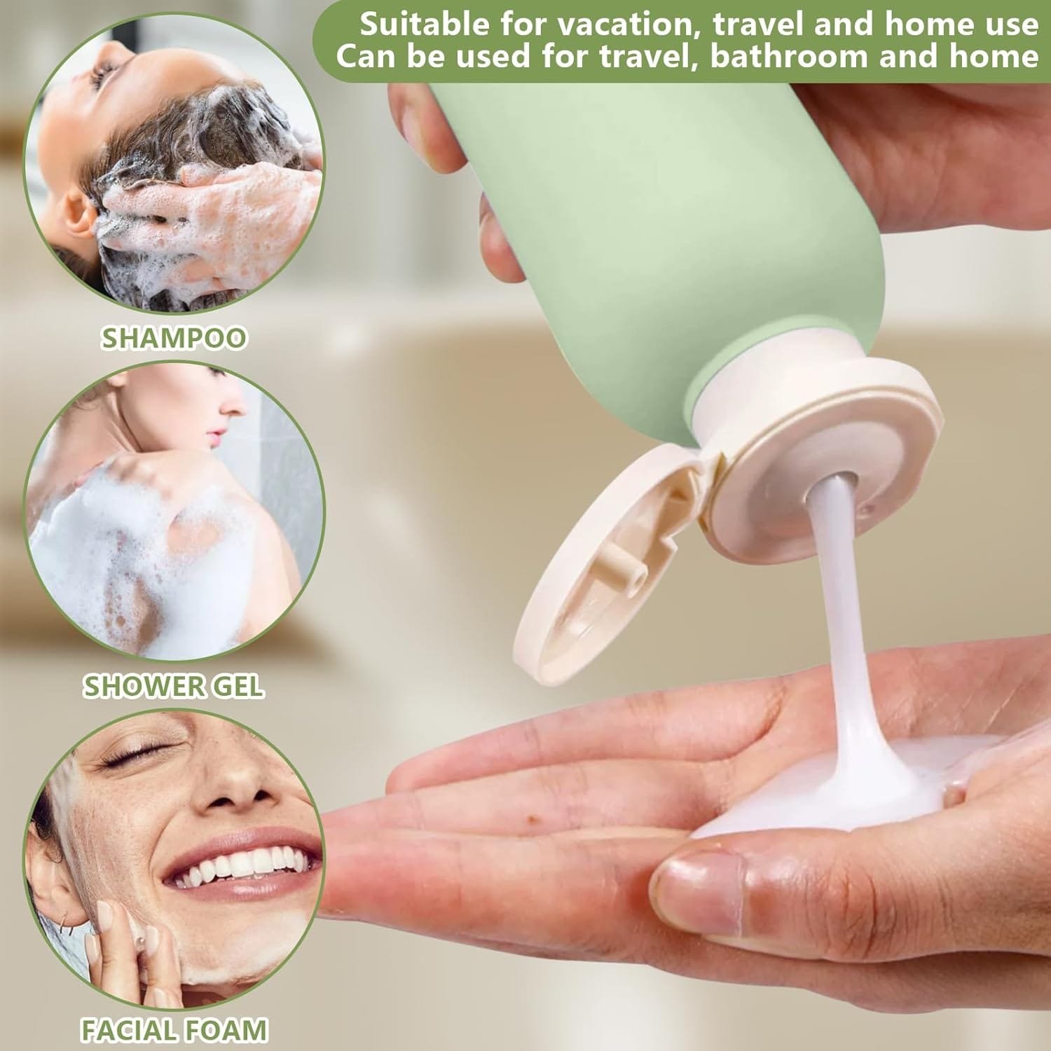 Boutihao Paquete de 4 Botellas de Loción de Viaje Rellenables, Botellas para Apretar con Tapa Abatible, Envase de Viaje para Líquidos, para Champú, Cremas, Loción, Acondicionador (200 ml, Verde) - Imagen 7
