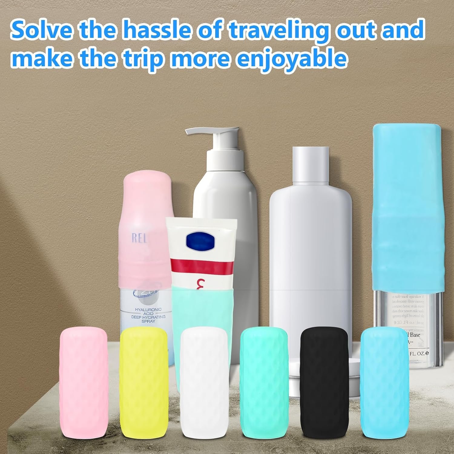 GEEHUA 12 fundas elásticas de silicona para botellas de viaje, a prueba de fugas, cierres de fugas, accesorios esenciales de viaje para artículos de tocador de tamaño de viaje, champú, acondicionador, - Imagen 4