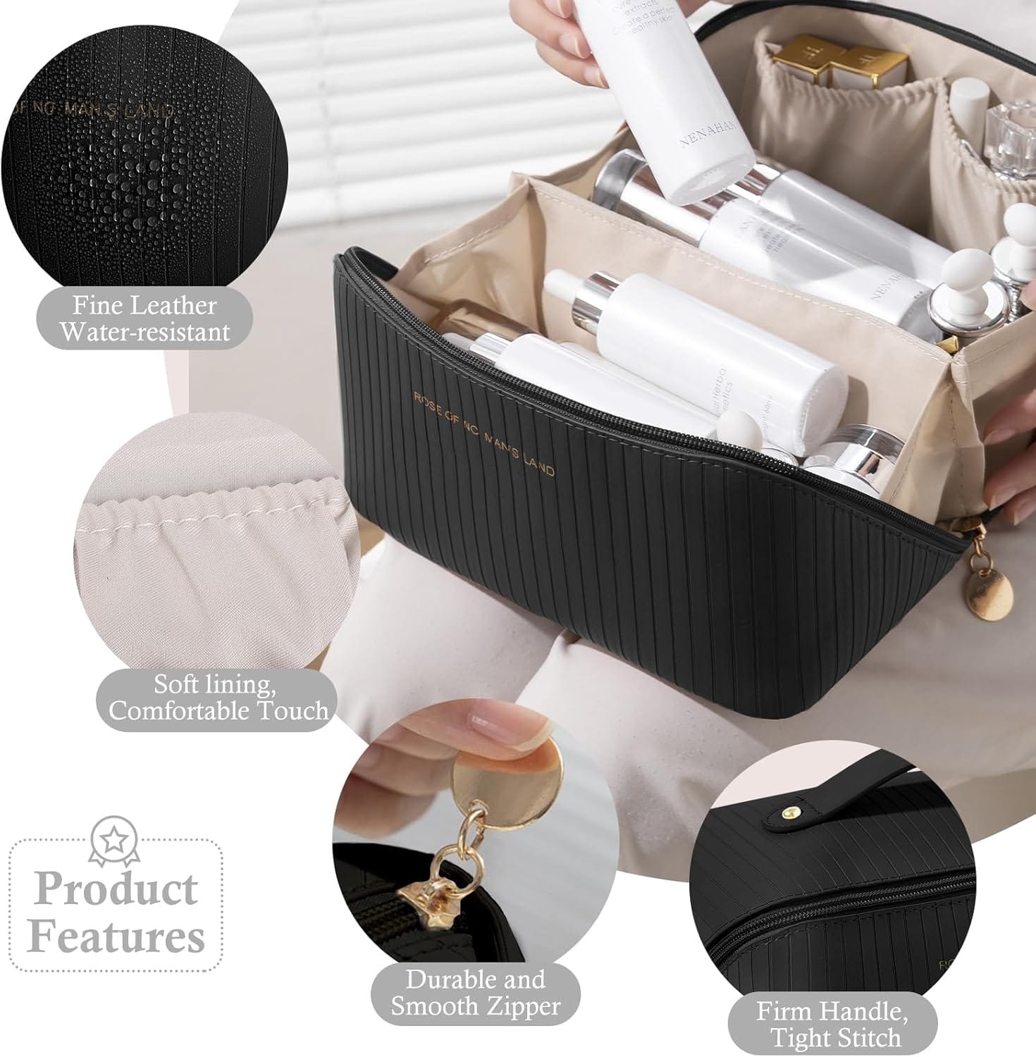 GeeRic Bolsa de Cosméticos de Viaje,Neceser de Maquillaje de Gran Capacidad, Portátil Neceser Neceser Viaje Mujer Multifuncional Organizador con Compartimentos de Maquillaje(Negro) - Imagen 4