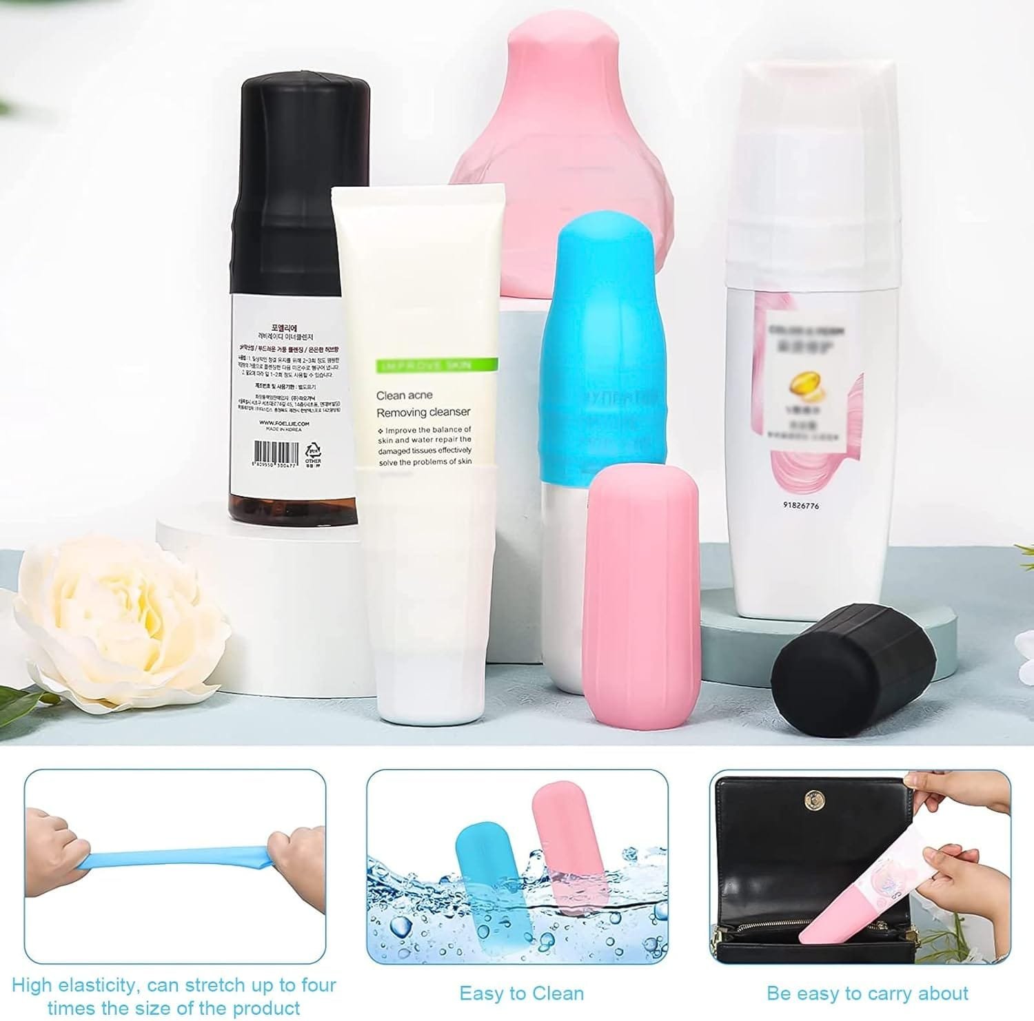 8 Fundas para Botellas de Silicona de Viaje, artículos de tocador para protección de Fugas, Funda elástica para Viajes al Aire Libre, Accesorios de Viaje Reutilizables para champú Gel - Imagen 5