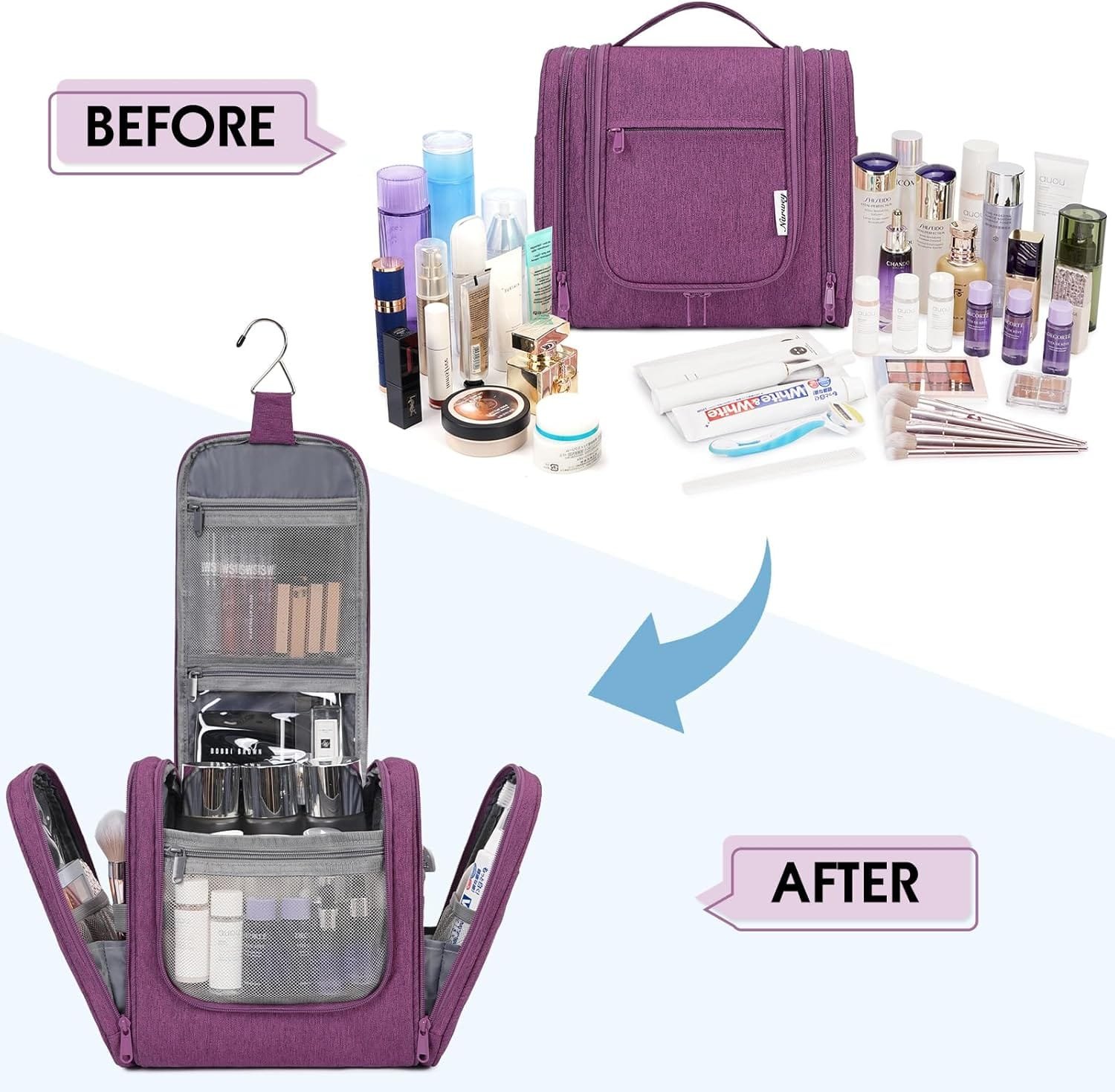 Narwey Neceser de Viaje para Hombres y Mujeres, Kit de Viaje Dopp, Bolsa de Afeitar para Accesorios de artículos de tocador (Morado) - Imagen 5