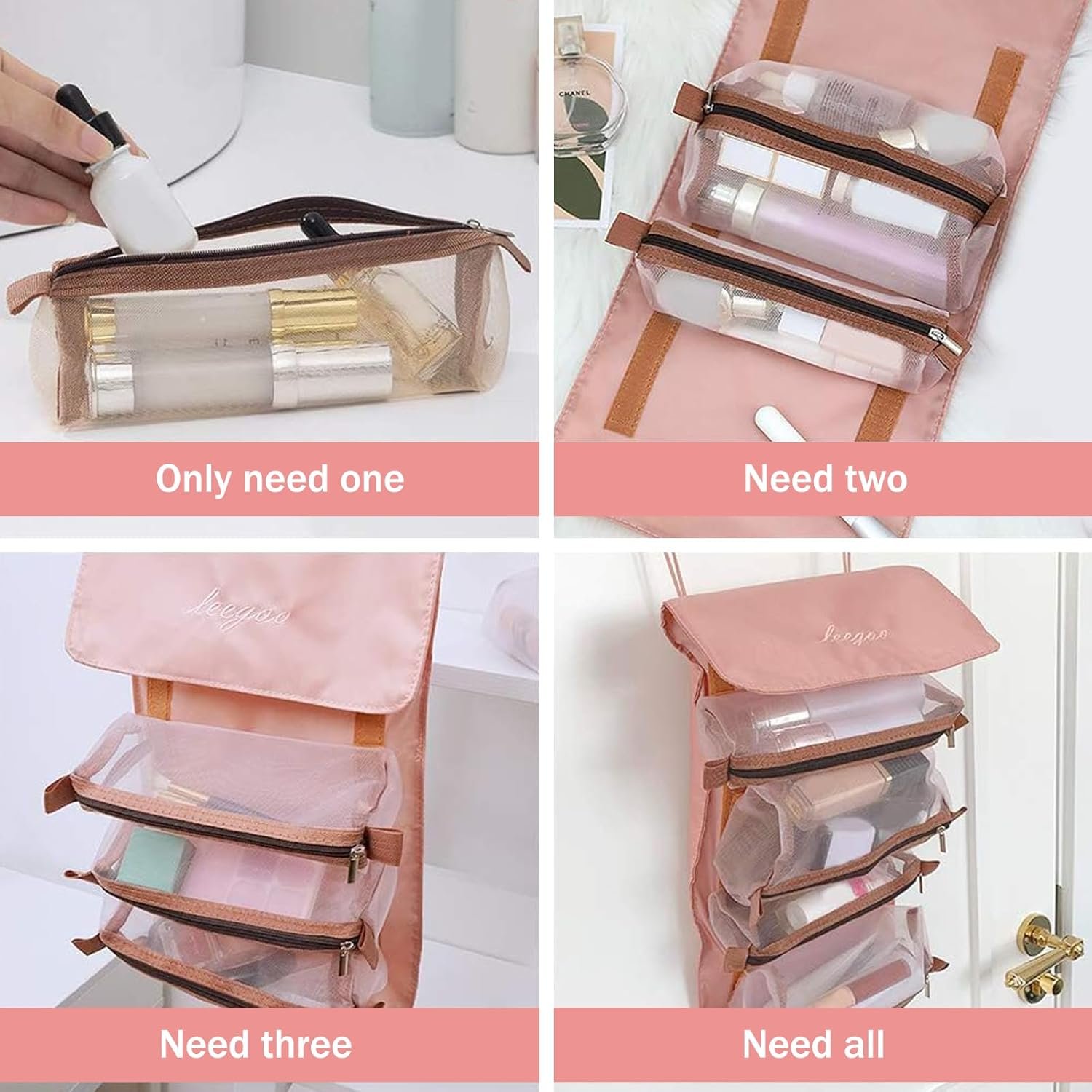 RTRTGS 1pc 4 en 1 Neceser Viaje Colgante,Desmontables Enrollables Bolsa Impermeable con 4 Compartimentos Visibles con Cremallera Poner Cosméticos,Artículos Tocador,Mujer Viaje Cosas Necesarias - Imagen 6