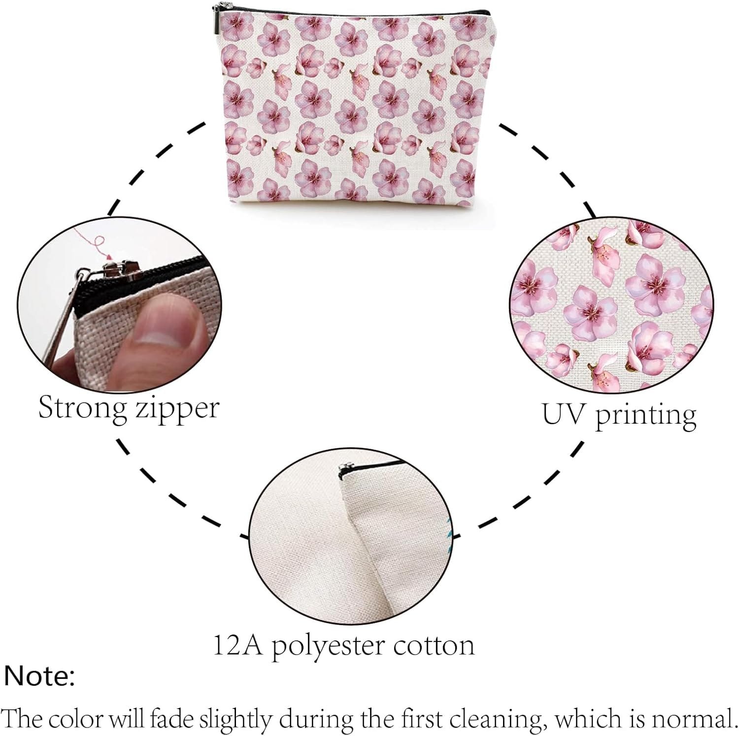 CREATCABIN Sakura Bolsas Maquillaje Bolsa Cosméticos Lona Flor Floral Estuche Multiusos Bolígrafos Bolsas Cremallera Artículos Tocador Bolsa Grande Viaje Regalo para Mujeres Agradecimiento 25x18cm - Imagen 4