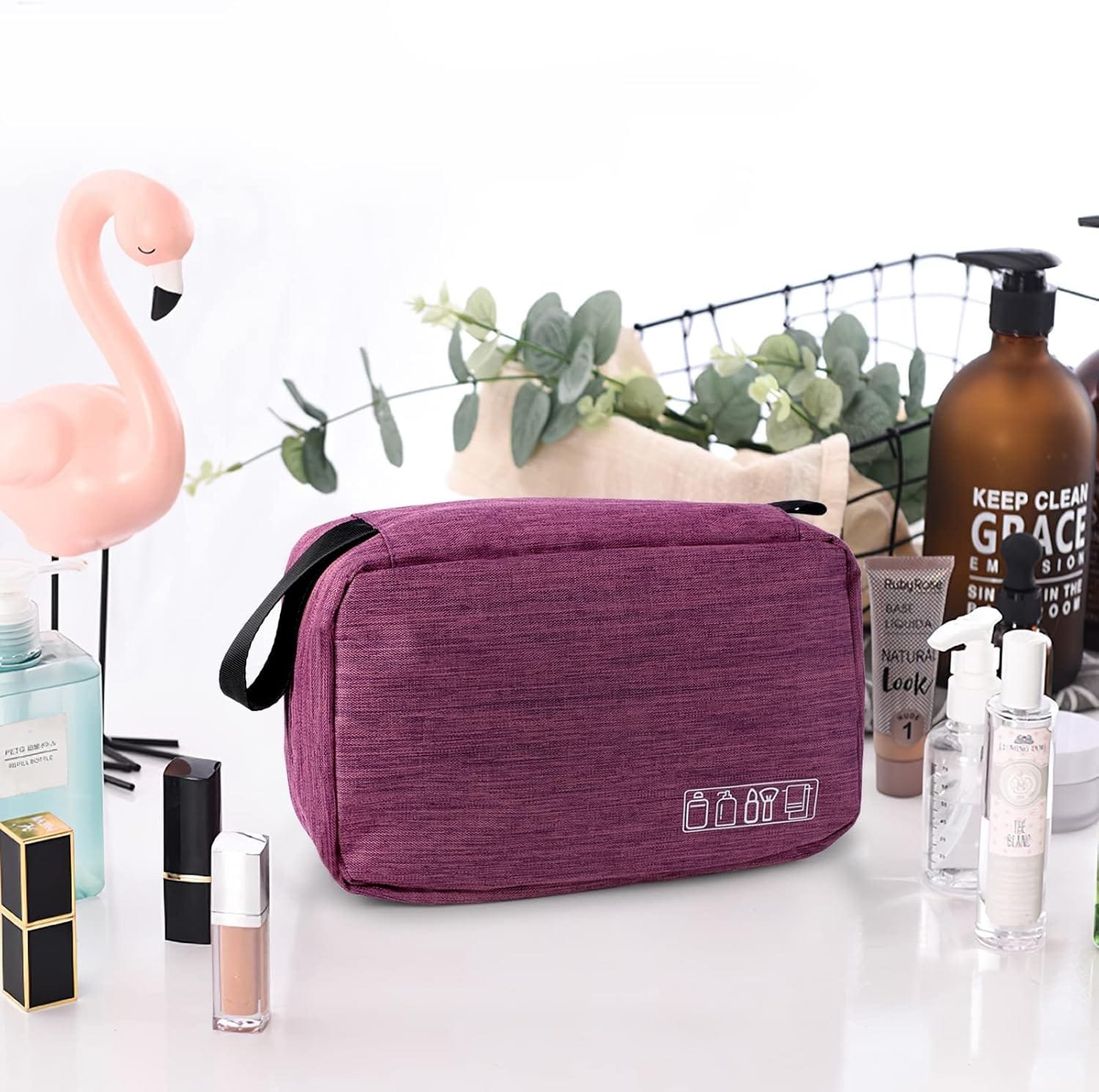 Larkumio Neceser Hombre Mujer, Neceser Maquillaje Bolsa de Aseo Makeup Bag Grande Colgante Impermeable, 1 Neceser Viaje + Bolsa con Cordón, Violeta - Imagen 4