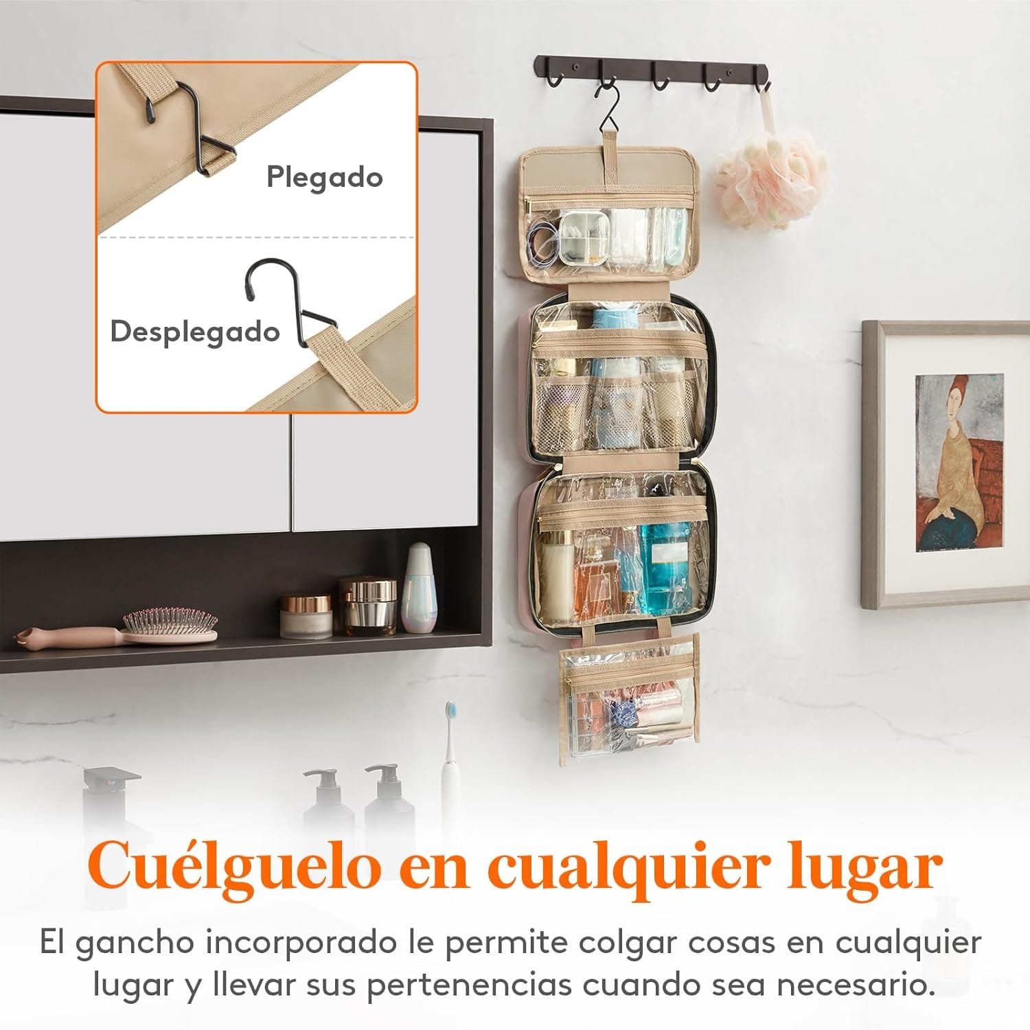 Lifewit Neceser de Viaje, Bolso de Maquillaje Grande, Organizador de Viaje para Mujer con Asas, Neceser de Viaje Interior Transparente con Gancho, Guarda Frascos, Accesorios, Mediano, Rosa - Imagen 7