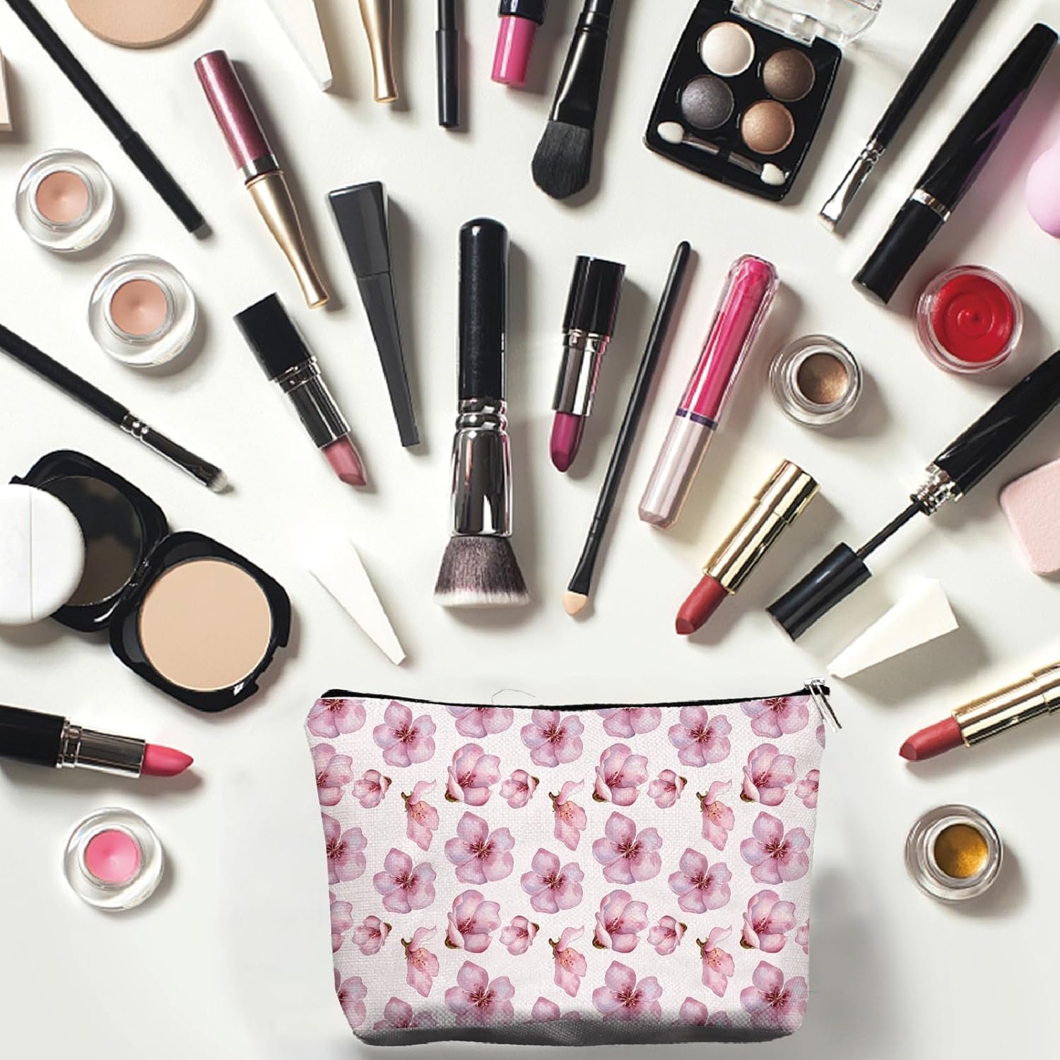 CREATCABIN Sakura Bolsas Maquillaje Bolsa Cosméticos Lona Flor Floral Estuche Multiusos Bolígrafos Bolsas Cremallera Artículos Tocador Bolsa Grande Viaje Regalo para Mujeres Agradecimiento 25x18cm - Imagen 6
