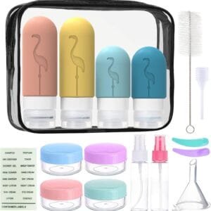 Luckynono - Botellas de viaje para artículos de tocador, a prueba de fugas, rellenables, de silicona, accesorios de viaje para champú, acondicionador, loción, gel de baño, paquete de 17