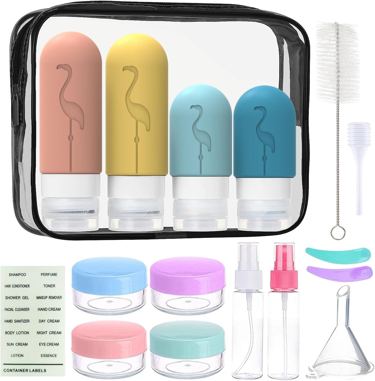 Luckynono - Botellas de viaje para artículos de tocador, a prueba de fugas, rellenables, de silicona, accesorios de viaje para champú, acondicionador, loción, gel de baño, paquete de 17