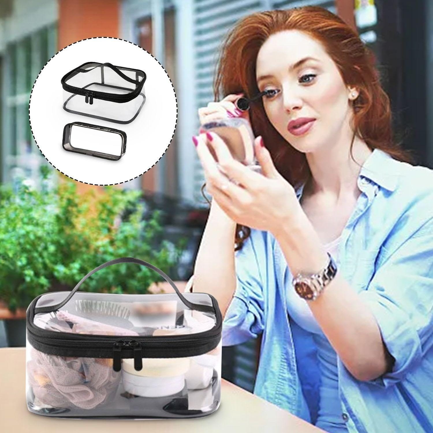 1 bolsa de aseo de viaje transparente, 1 bolsa de almacenamiento esmerilada, bolsa de cosméticos transparente, bolsa de cosméticos de viaje, bolsa de almacenamiento de artículos, Bolsa transparente - Imagen 5